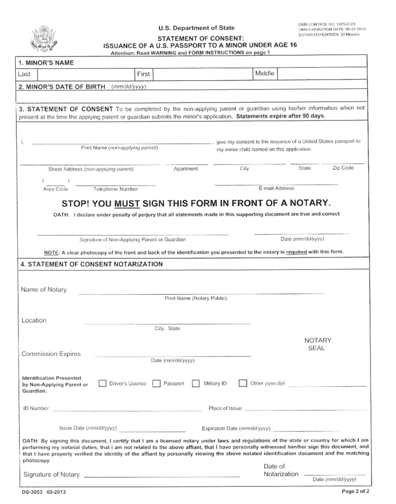 Statement Of Consent Issuance Of A U S Passport To A Minor Under Age 