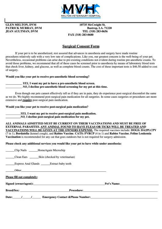 Surgery Consent Form Printable Pdf Download