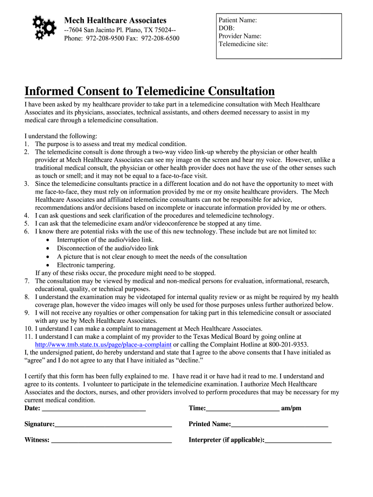 Telehealth Consent Form Fill Online Printable Fillable Blank