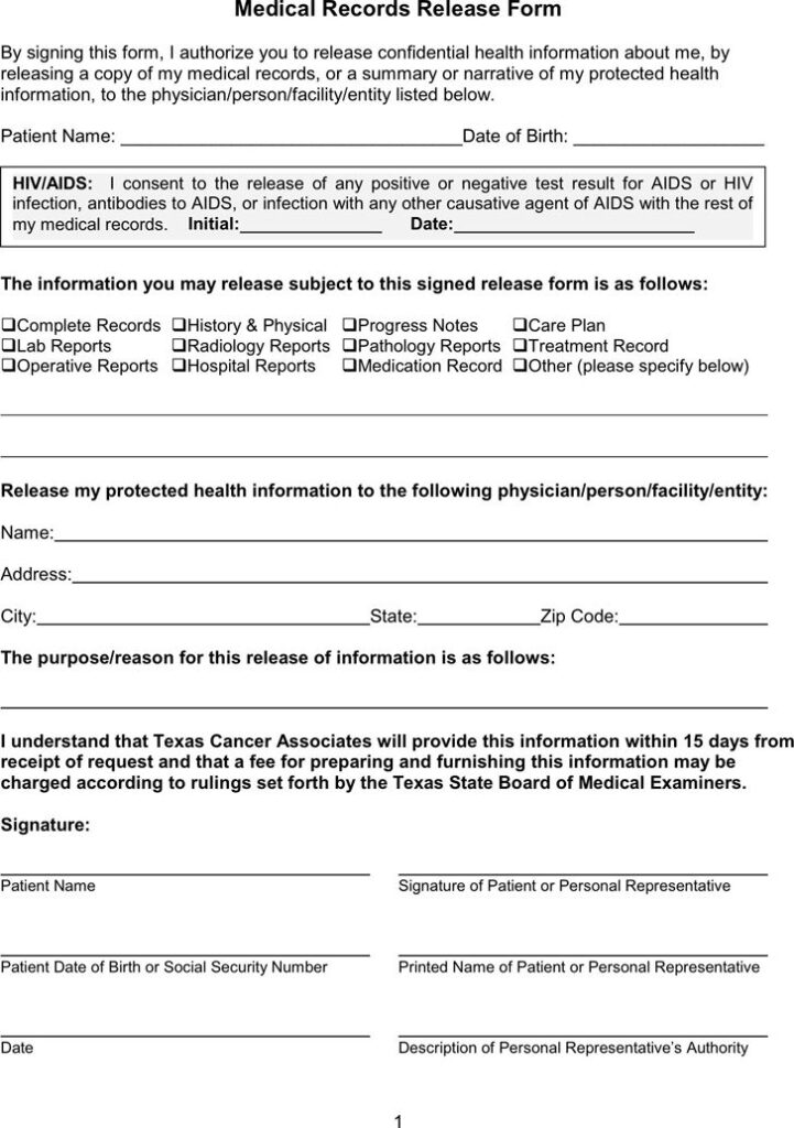 Texas Medical Records Release Form Download Free Printable Blank Legal 