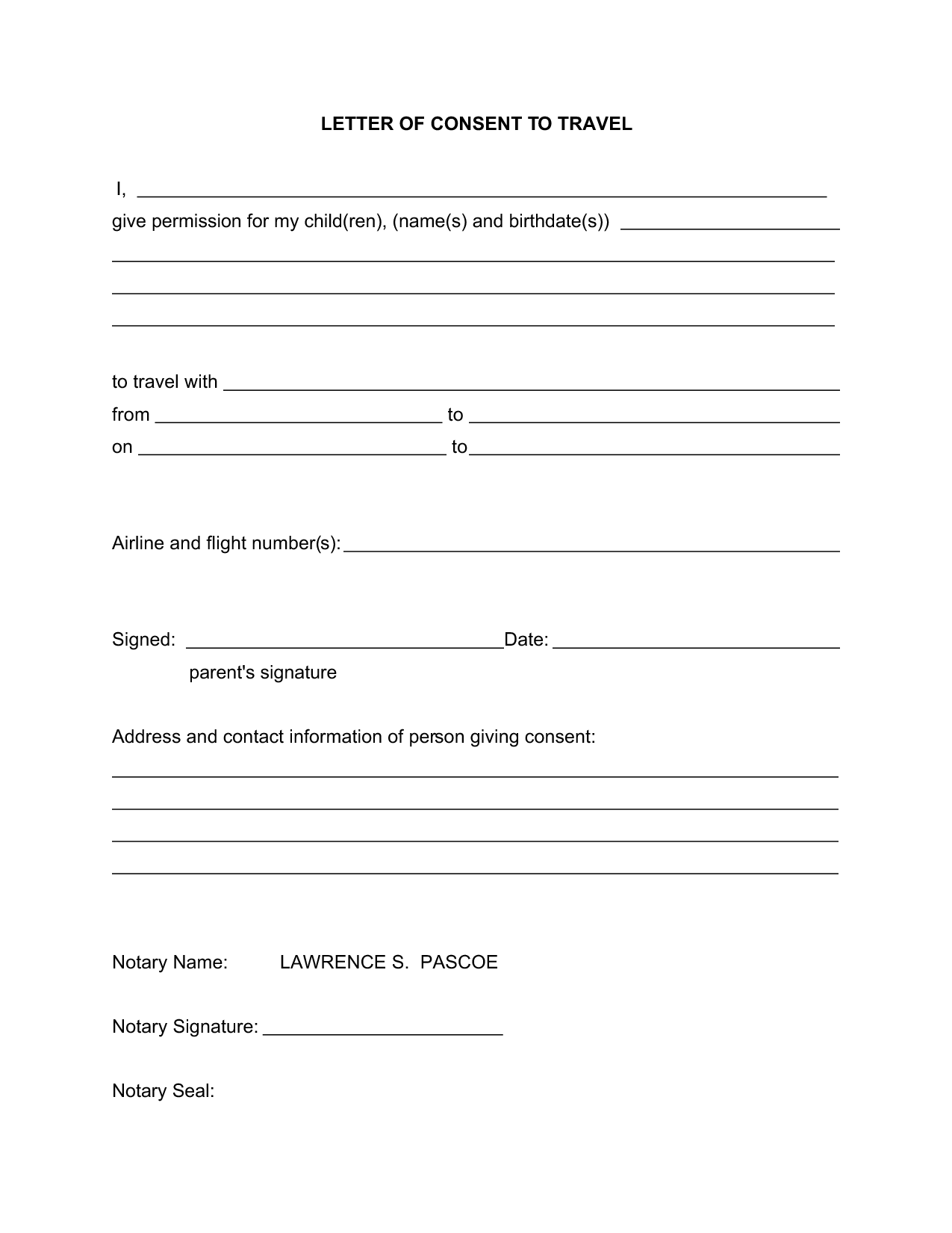 Travel Consent Letter Child Travel Consent Form Lesson Plan Templates