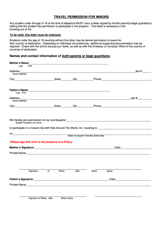 Travel Permission Form For Minors Printable Pdf Download