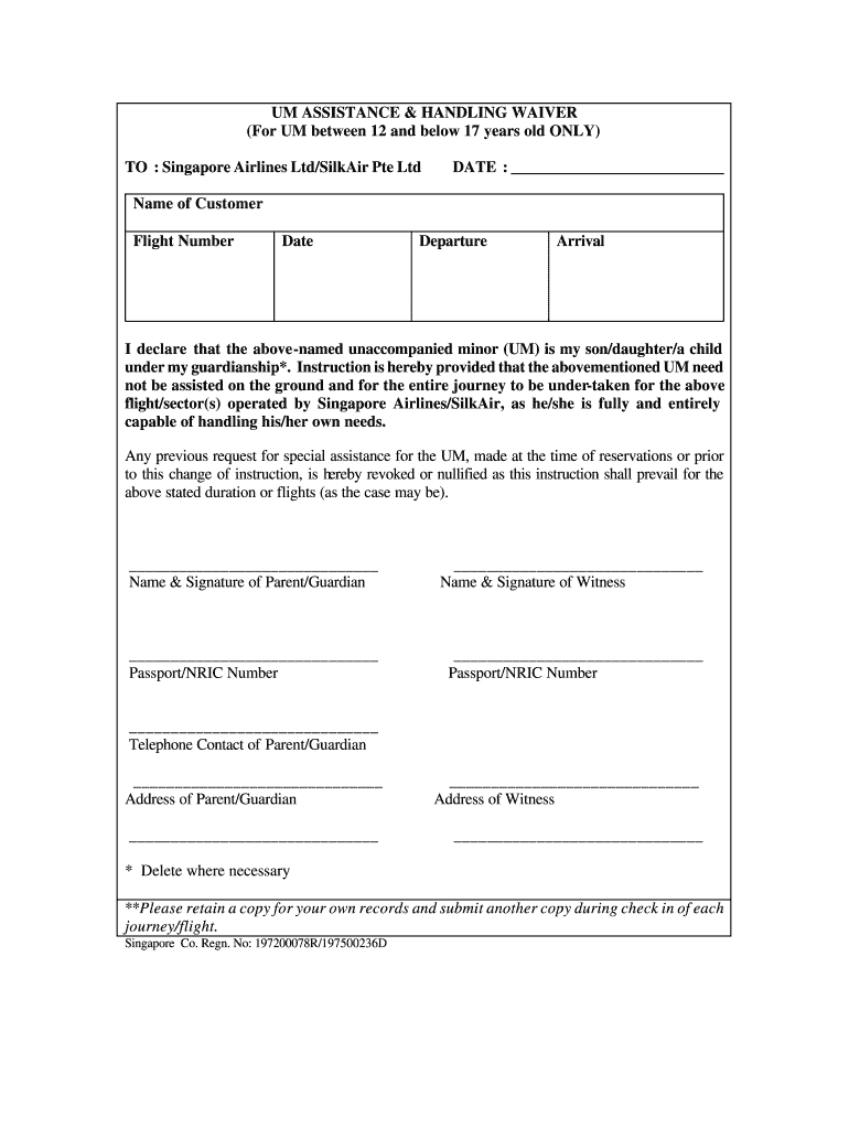 Unaccompanied Minor Assistance Handling Waiver Fill Out Sign Online 