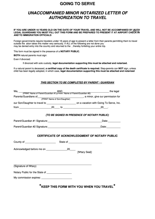 Unaccompanied Minor Notarized Letter Of Authorization To Travel Form