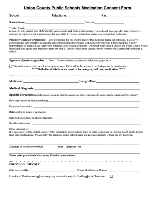 Union County Public Schools Medication Consent Form 2024 Printable 