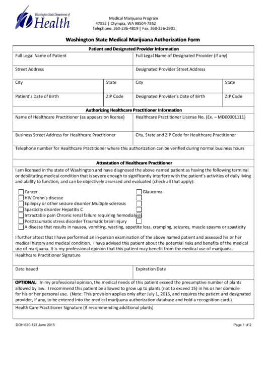 Washington State Medical Marijuana Authorization Form Printable Pdf 