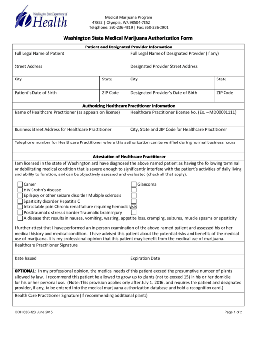 Washington State Medical Marijuana Authorization Form Printable Pdf