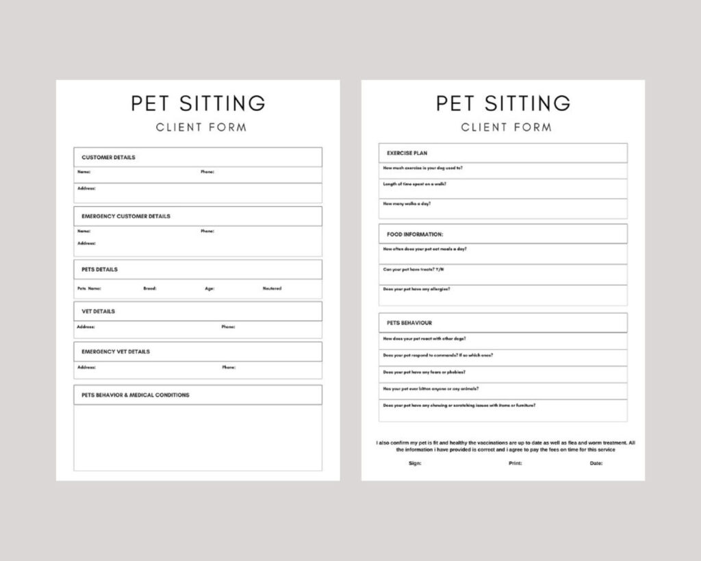 White Pet Sitting Consent Forms Pet Sitter Consent Form Dog Etsy 