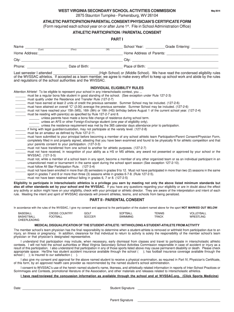 WV Athletic Participation Parental Consent Physician s Certificate Form 