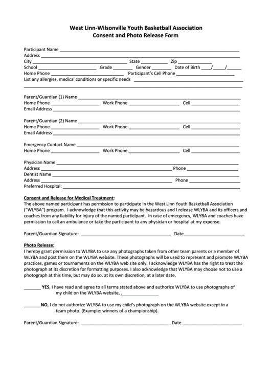 Youth Basketball Association Consent And Photo Release Form Printable 