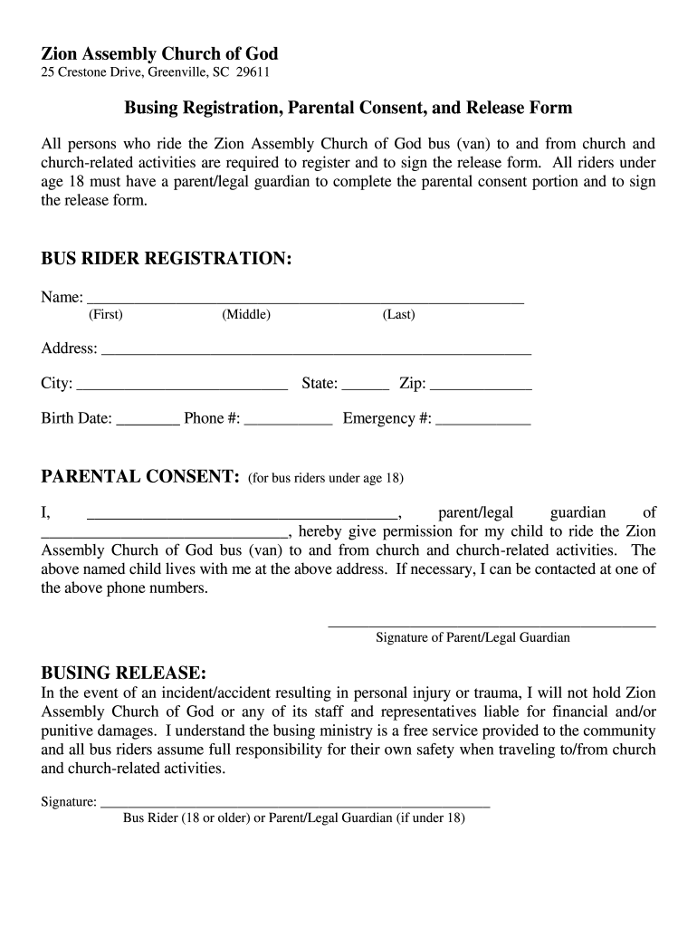 Zion Busing Parental Consent Release Form Trial Fill Online